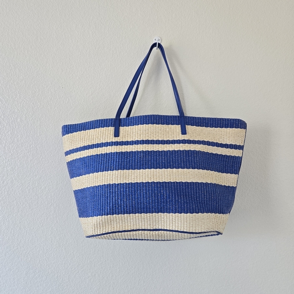 New Kate Spade Wicklow Court Anabette Striped Straw Tote Bag Beige Azure Blue - Picture 3 of 16